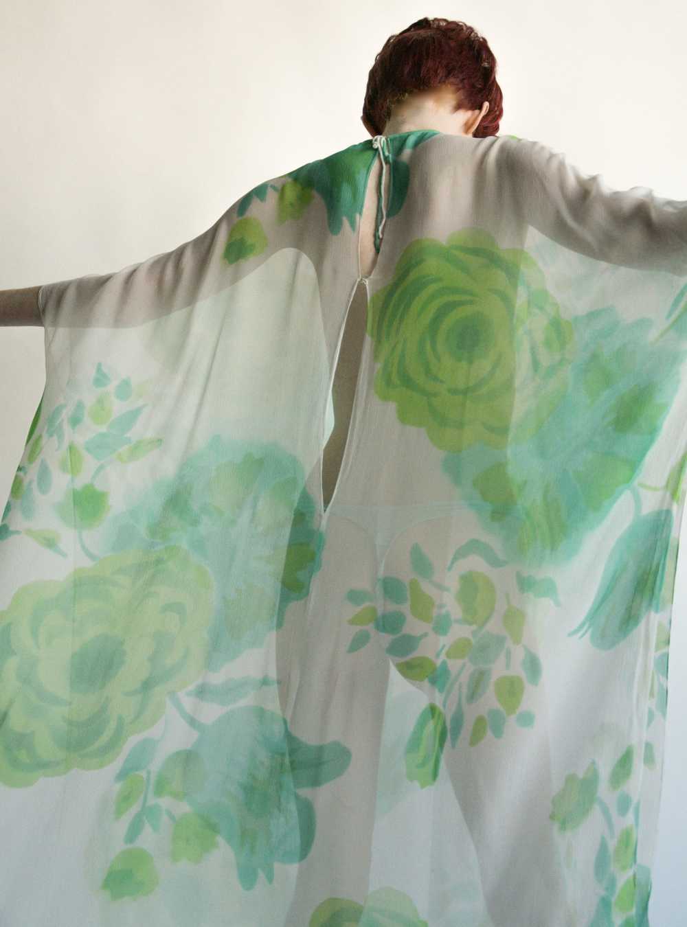 S Sheer Green Floral Chiffon Caftan Gem