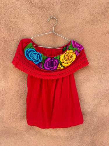 Red Mexican Embroidered Floral Blouse