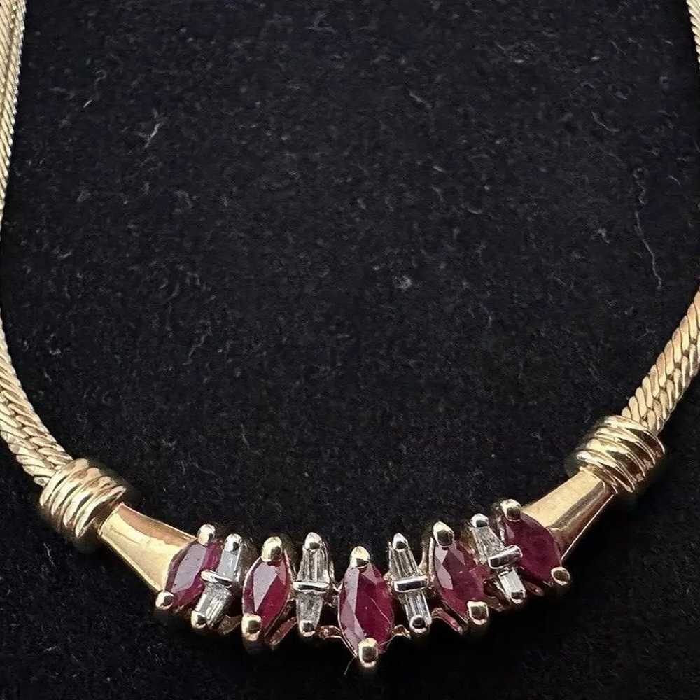 10K Yellow Gold Ruby & Diamond Necklace 18" Chevr… - image 1