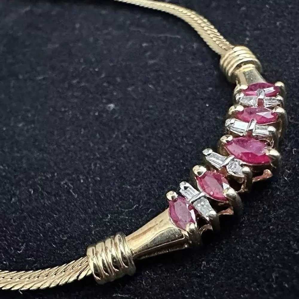 10K Yellow Gold Ruby & Diamond Necklace 18" Chevr… - image 2