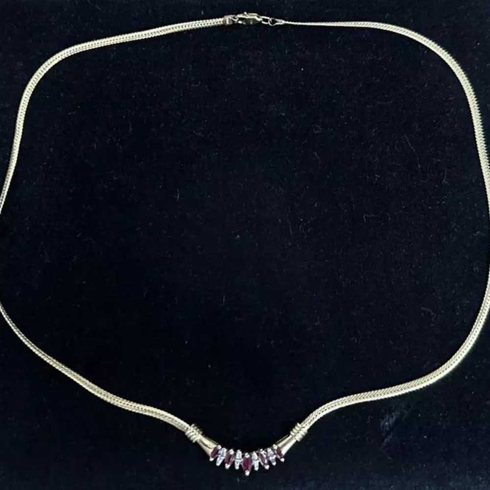 10K Yellow Gold Ruby & Diamond Necklace 18" Chevr… - image 3