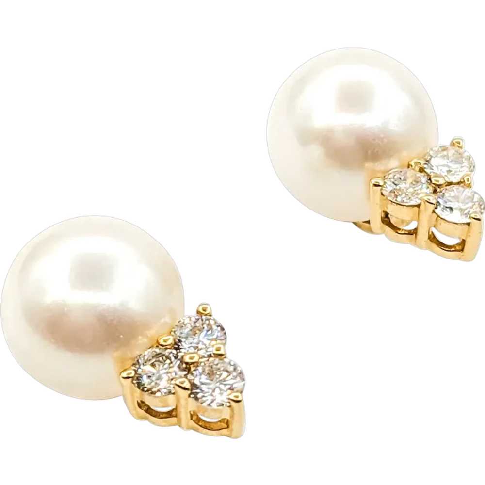 Pearl & Diamond Stud Earrings In Yellow Gold - image 1