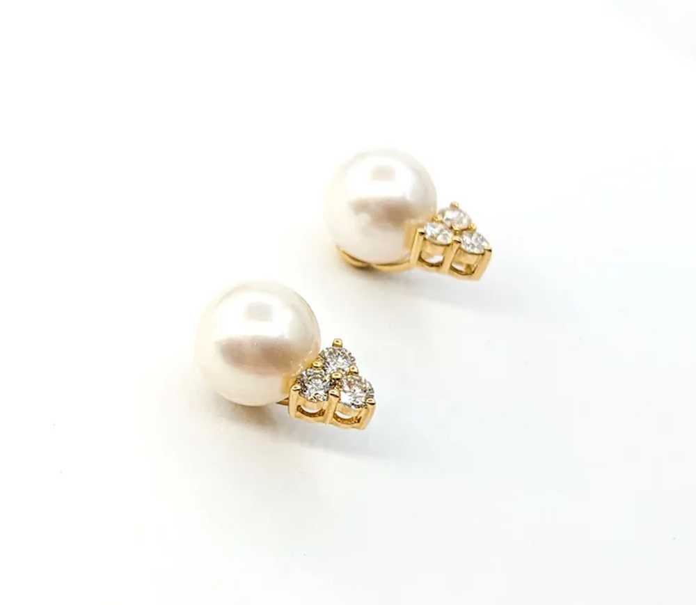 Pearl & Diamond Stud Earrings In Yellow Gold - image 3