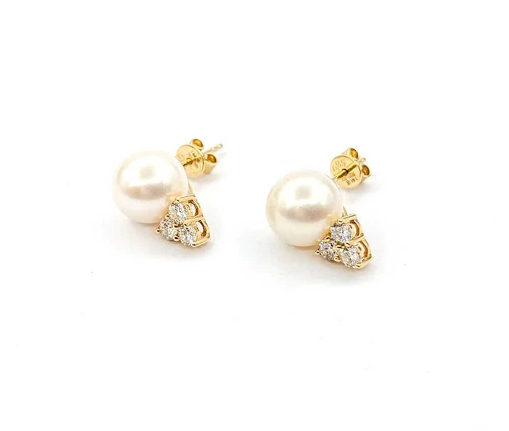 Pearl & Diamond Stud Earrings In Yellow Gold - image 5