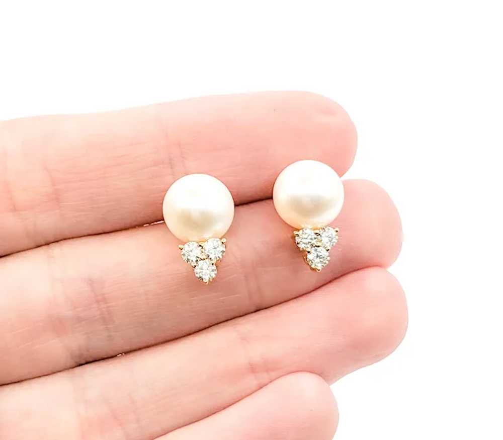 Pearl & Diamond Stud Earrings In Yellow Gold - image 8