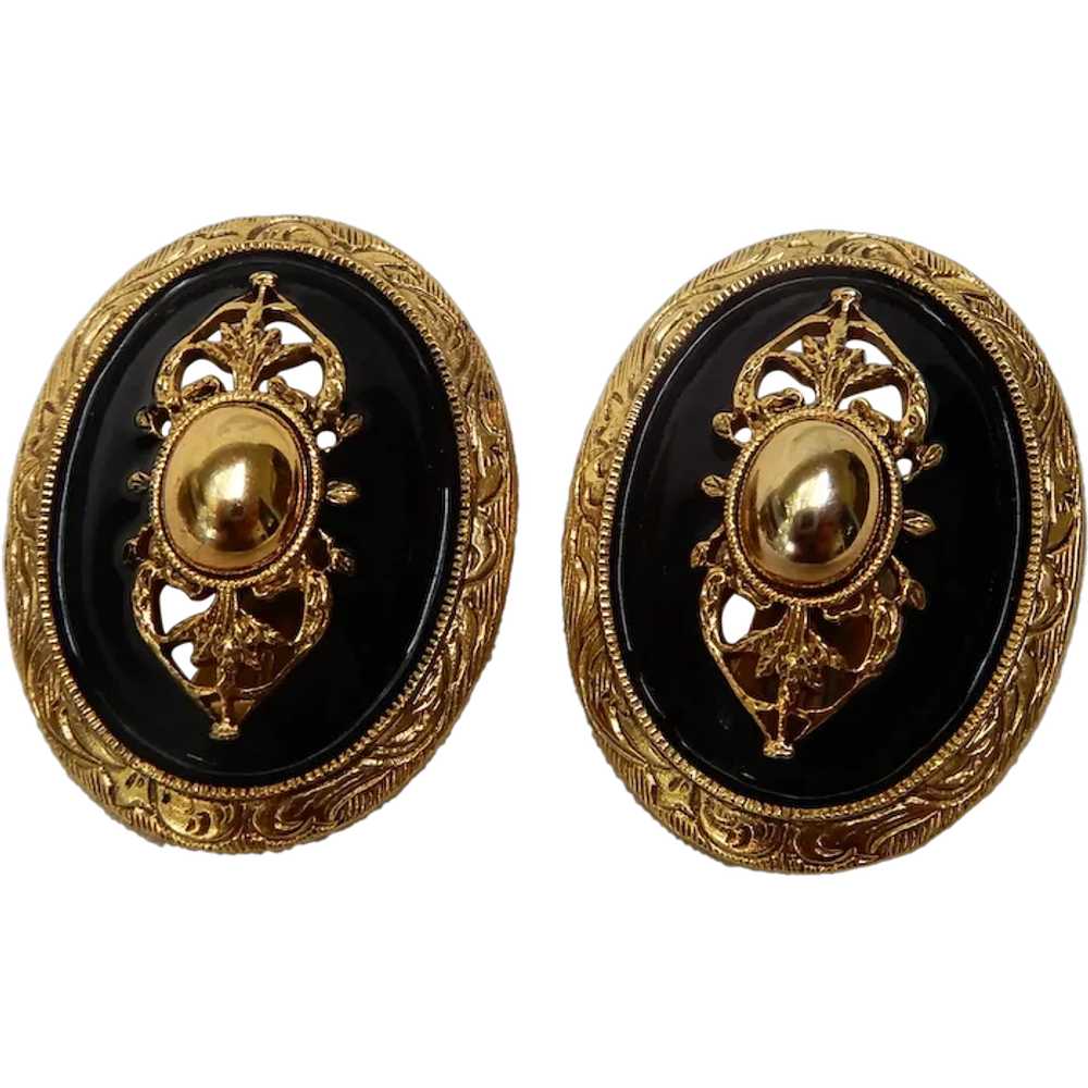 Vintage Victorian Style Black Enamel and Gold Ton… - image 1