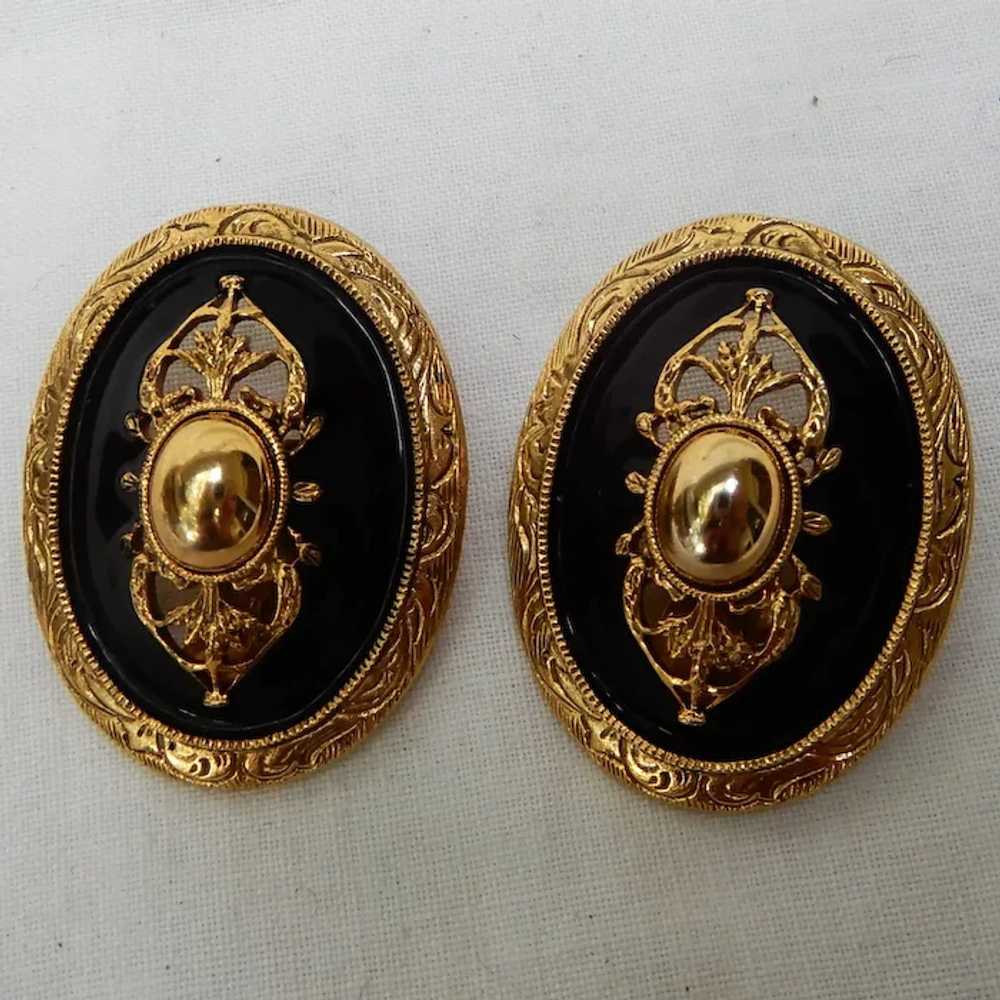 Vintage Victorian Style Black Enamel and Gold Ton… - image 2