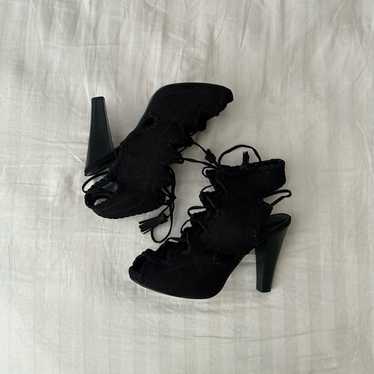 Moussy suede lace up heels sandals tassels black