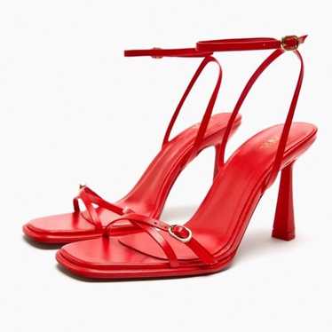 ZARA RED STRAPPY HEELED 100% LEATHER SANDALS