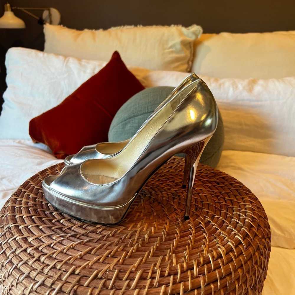 Jimmy Choo Metallic Peep Toe Heels - image 1