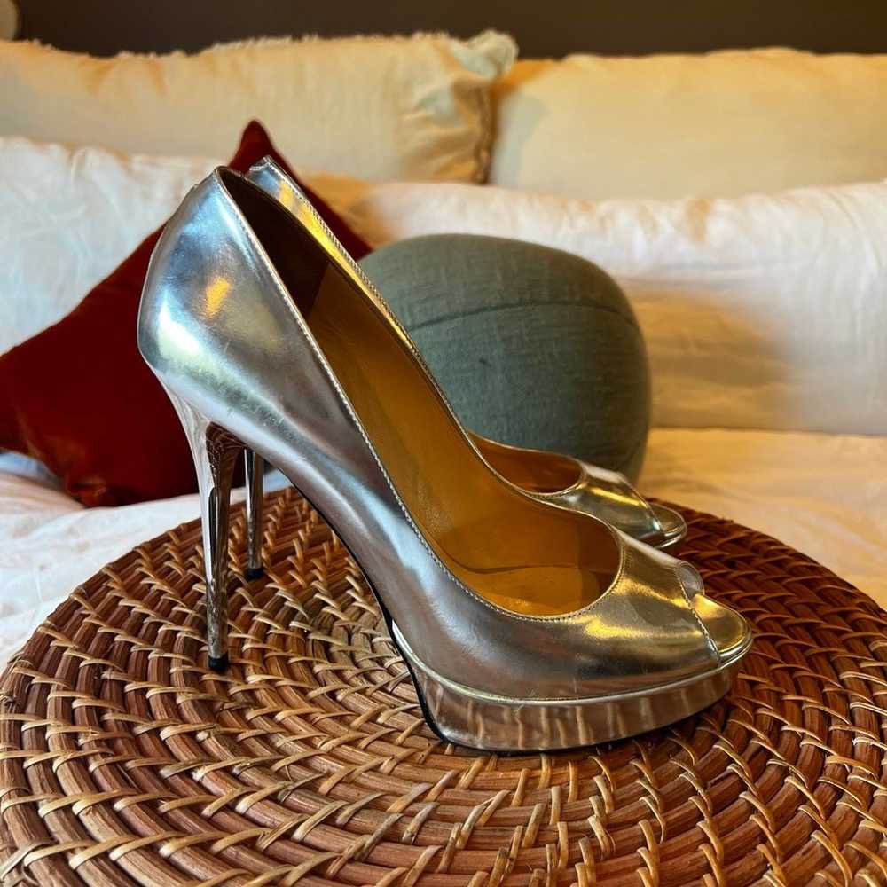 Jimmy Choo Metallic Peep Toe Heels - image 3