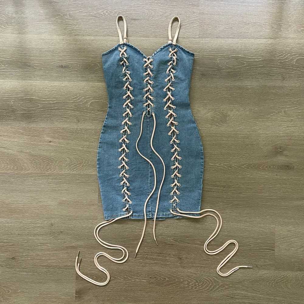 Denim Jean Mini Dress Corset Lace Up Style - image 2