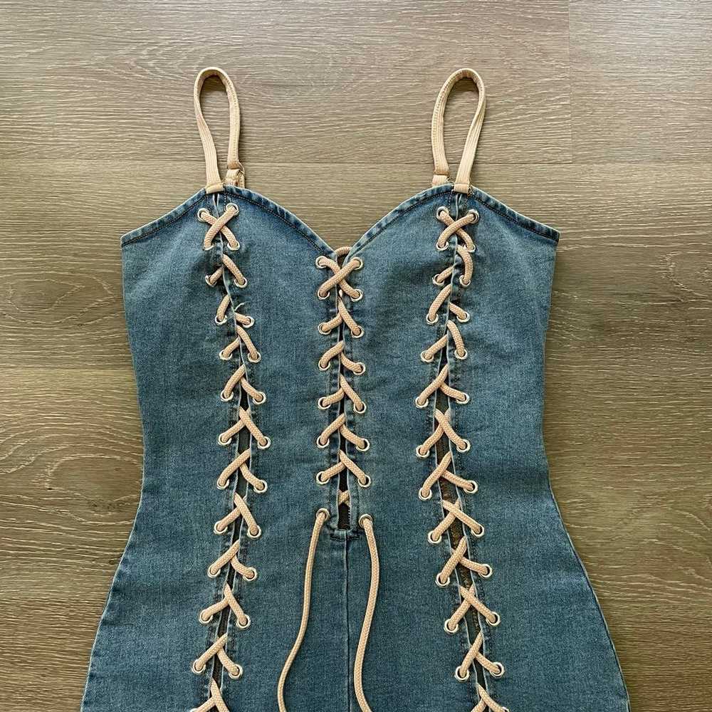 Denim Jean Mini Dress Corset Lace Up Style - image 4