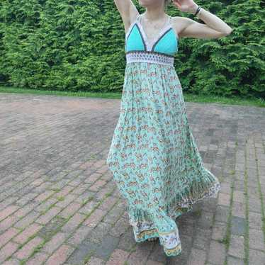 Green Floral Boho Crochet Maxi Dress Smocked Festi