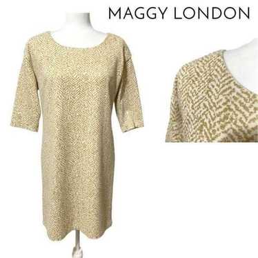 MAGGY LONDON Size 6 Metallic Gold White Sheath Dr… - image 1