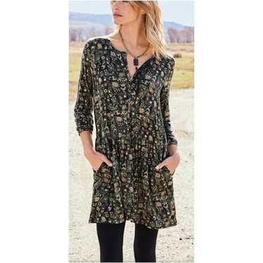 Peruvian Connection Black Floral Jersey Tunic Dres