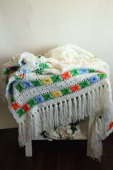 Vintage 1960s Knit Blanket with Fringe