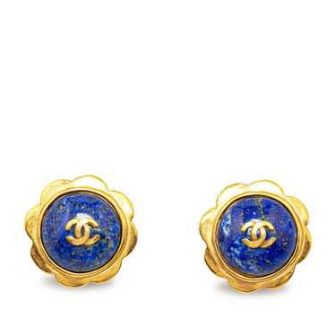 Blue Chanel Flower Stone CC Clip On Earrings