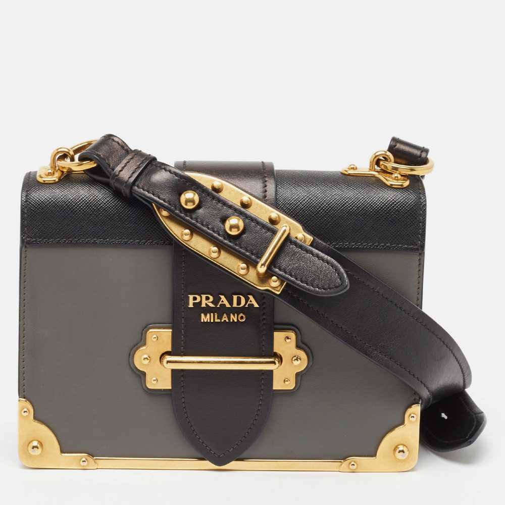 PRADA Black/Grey Saffiano Leather Cahier Flap Sho… - image 1