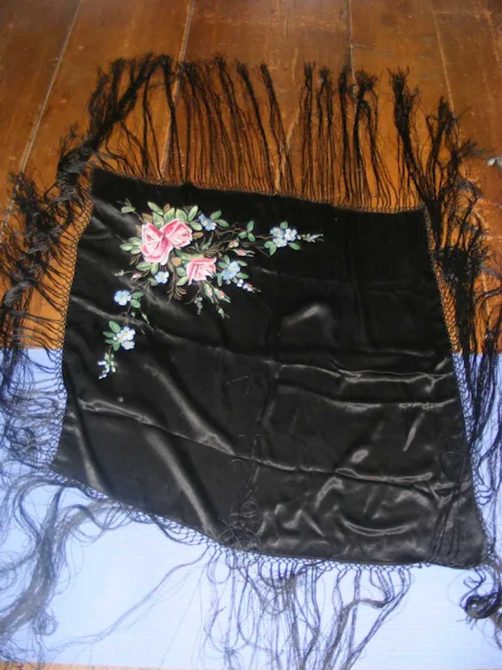 Edwardian Piano Shawl Black Satin Fringed Hand Pa… - image 11