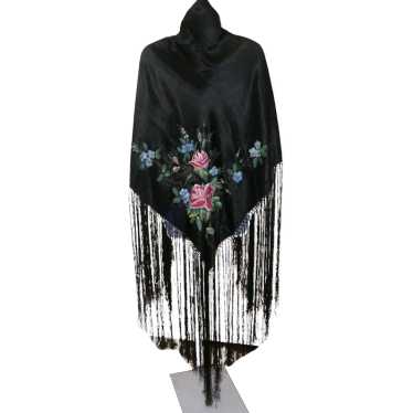 Edwardian Piano Shawl Black Satin Fringed Hand Pa… - image 1