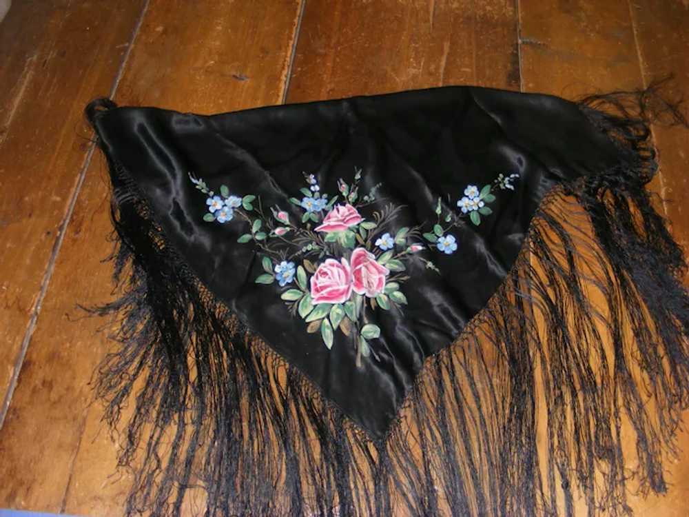 Edwardian Piano Shawl Black Satin Fringed Hand Pa… - image 2