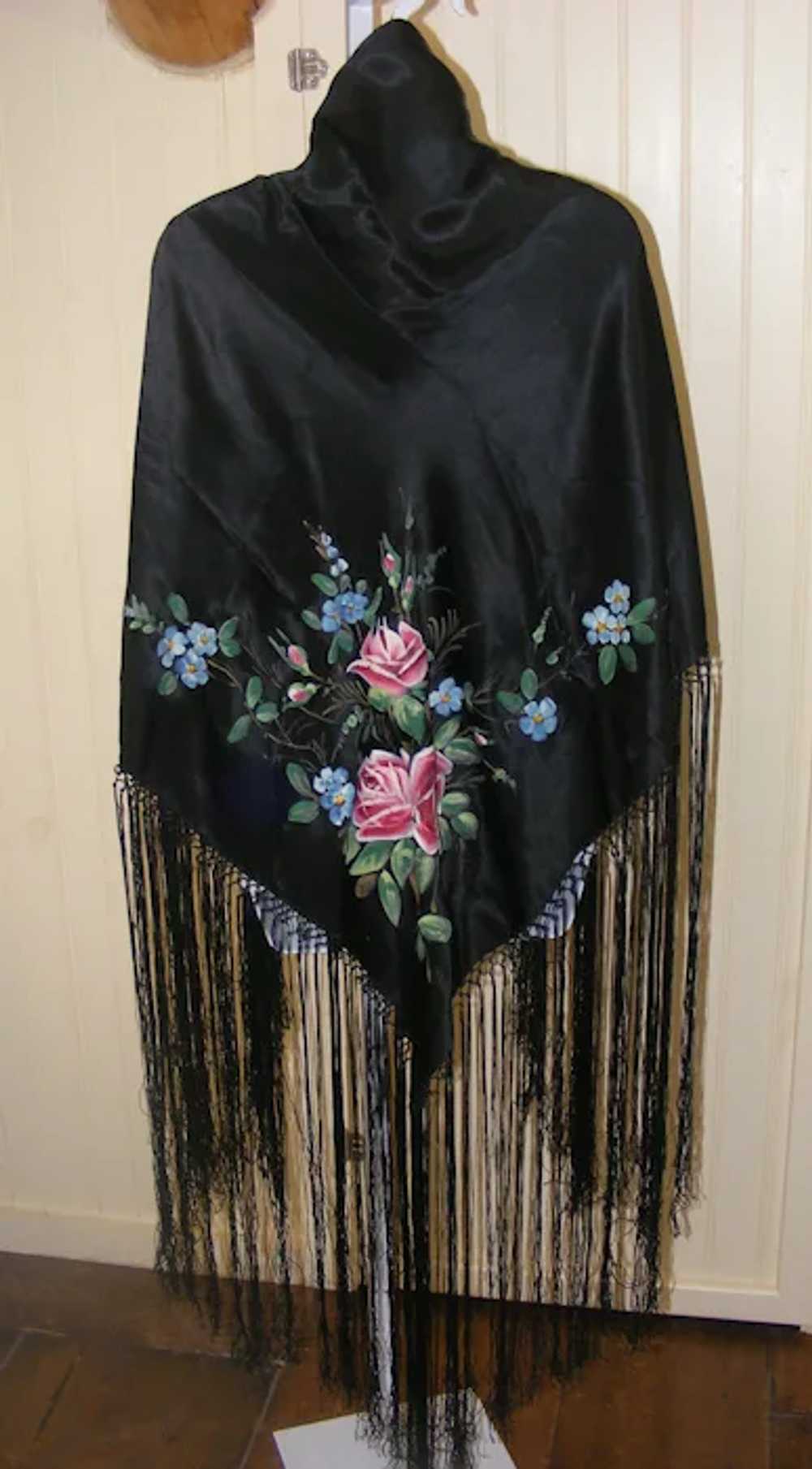 Edwardian Piano Shawl Black Satin Fringed Hand Pa… - image 3