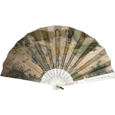 Antique Art Nouveau Fan with Ladies in Garden, Fa… - image 1