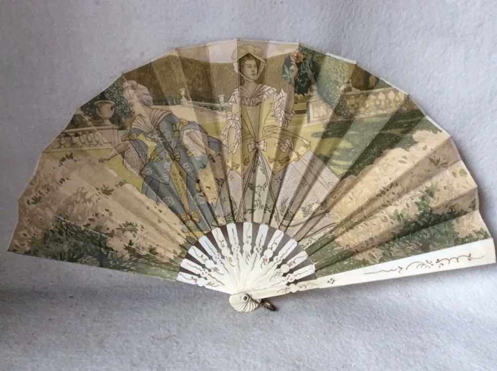 Antique Art Nouveau Fan with Ladies in Garden, Fa… - image 2