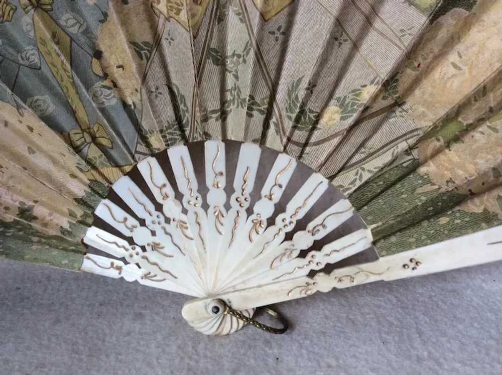 Antique Art Nouveau Fan with Ladies in Garden, Fa… - image 4