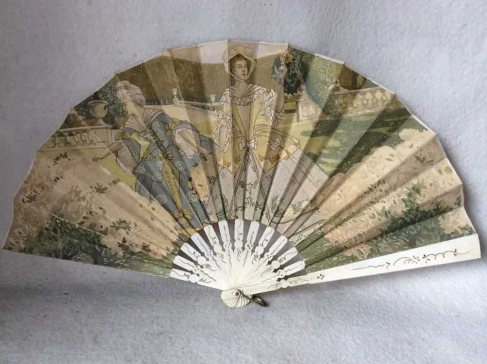 Antique Art Nouveau Fan with Ladies in Garden, Fa… - image 6