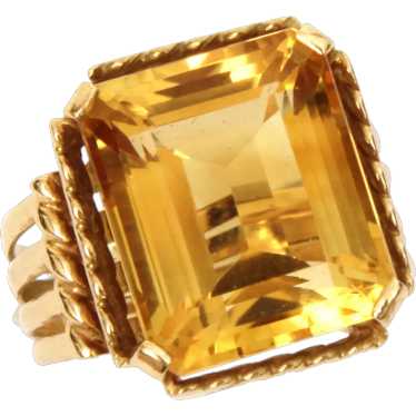 18K Gold Ring with Emerald Cut Citrine Gem, Size … - image 1