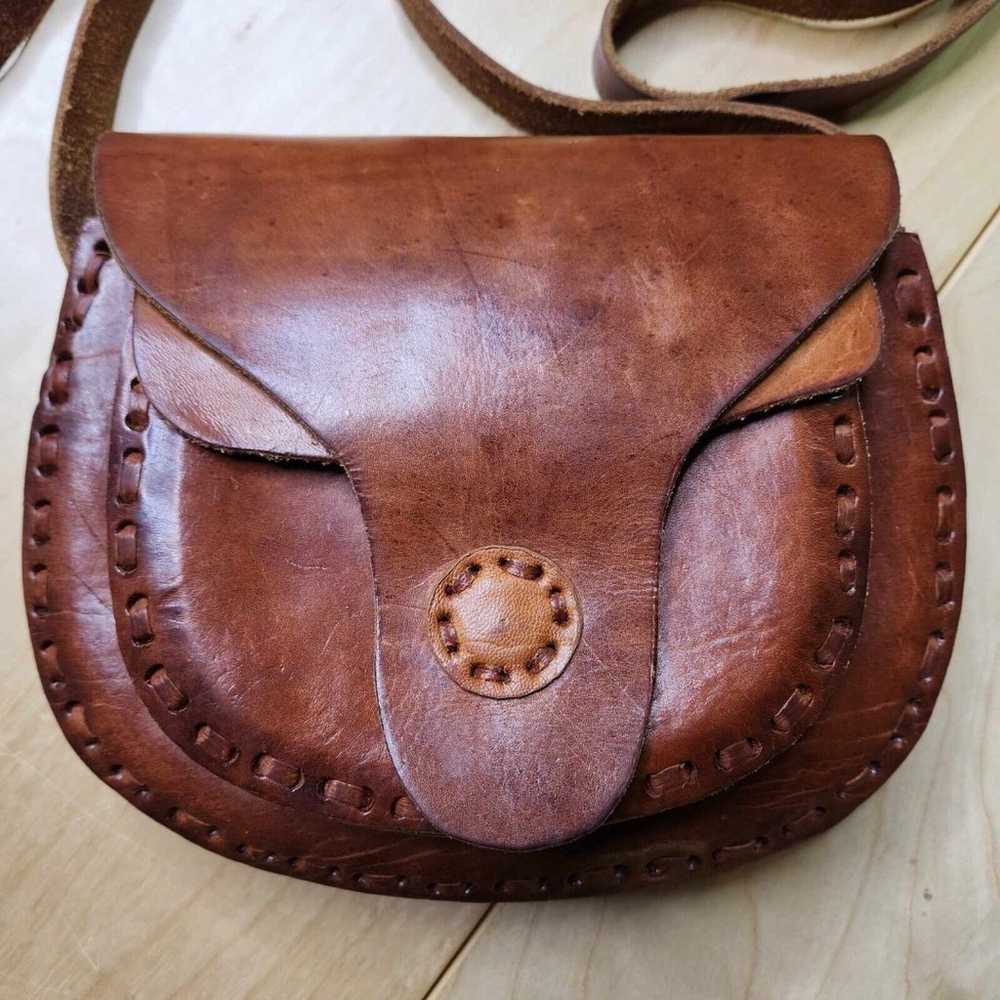 Vintage Hand Made Brown Tooled Leather Saddle Pur… - image 3