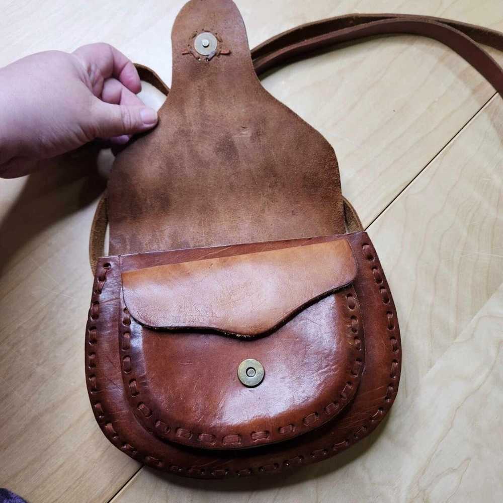 Vintage Hand Made Brown Tooled Leather Saddle Pur… - image 5