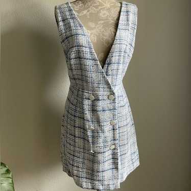 Zara Pinafore Tweed Mini Dress in Blue / White Pla