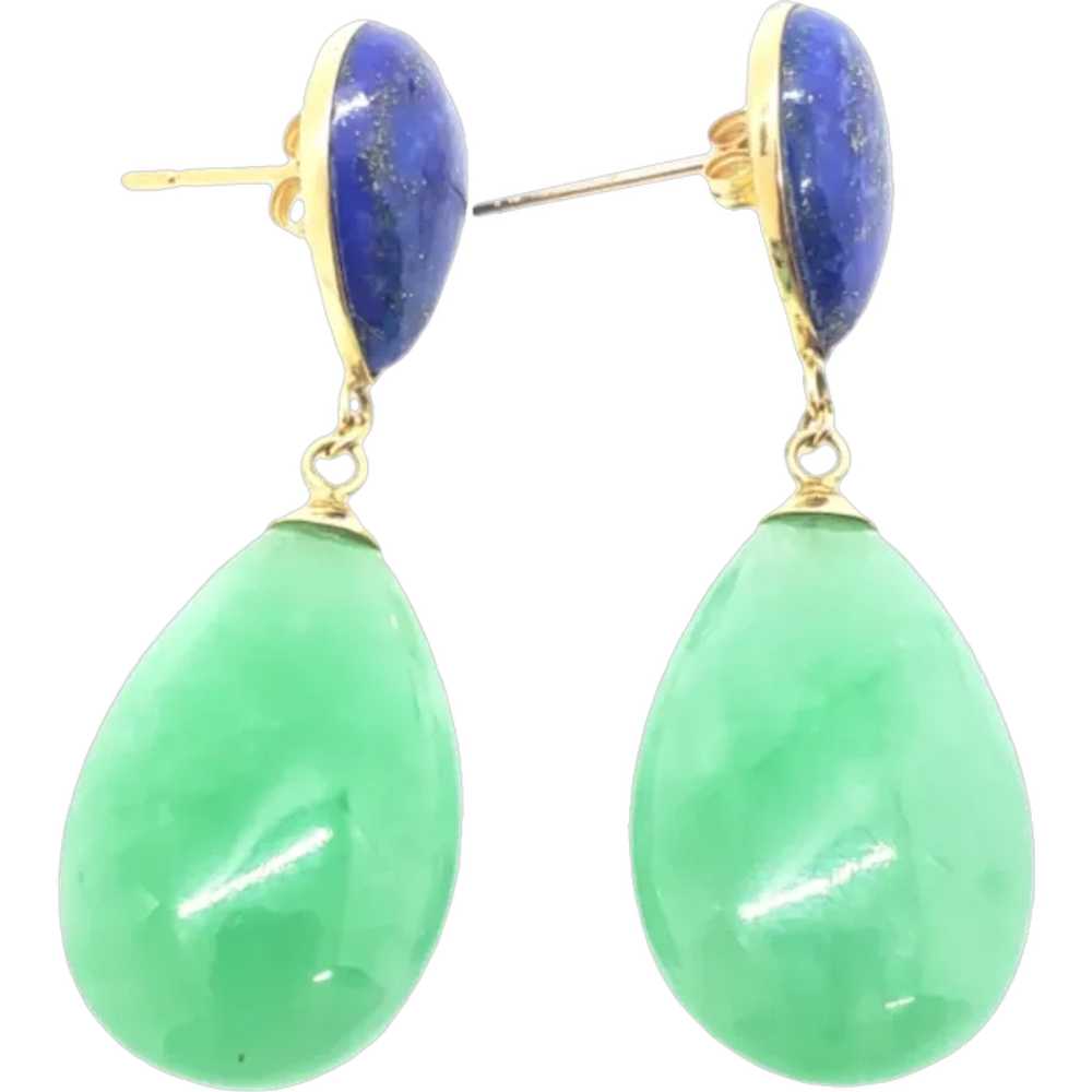 14K Jadeite Jade Lapis Lazuli Drop Earrings - image 1