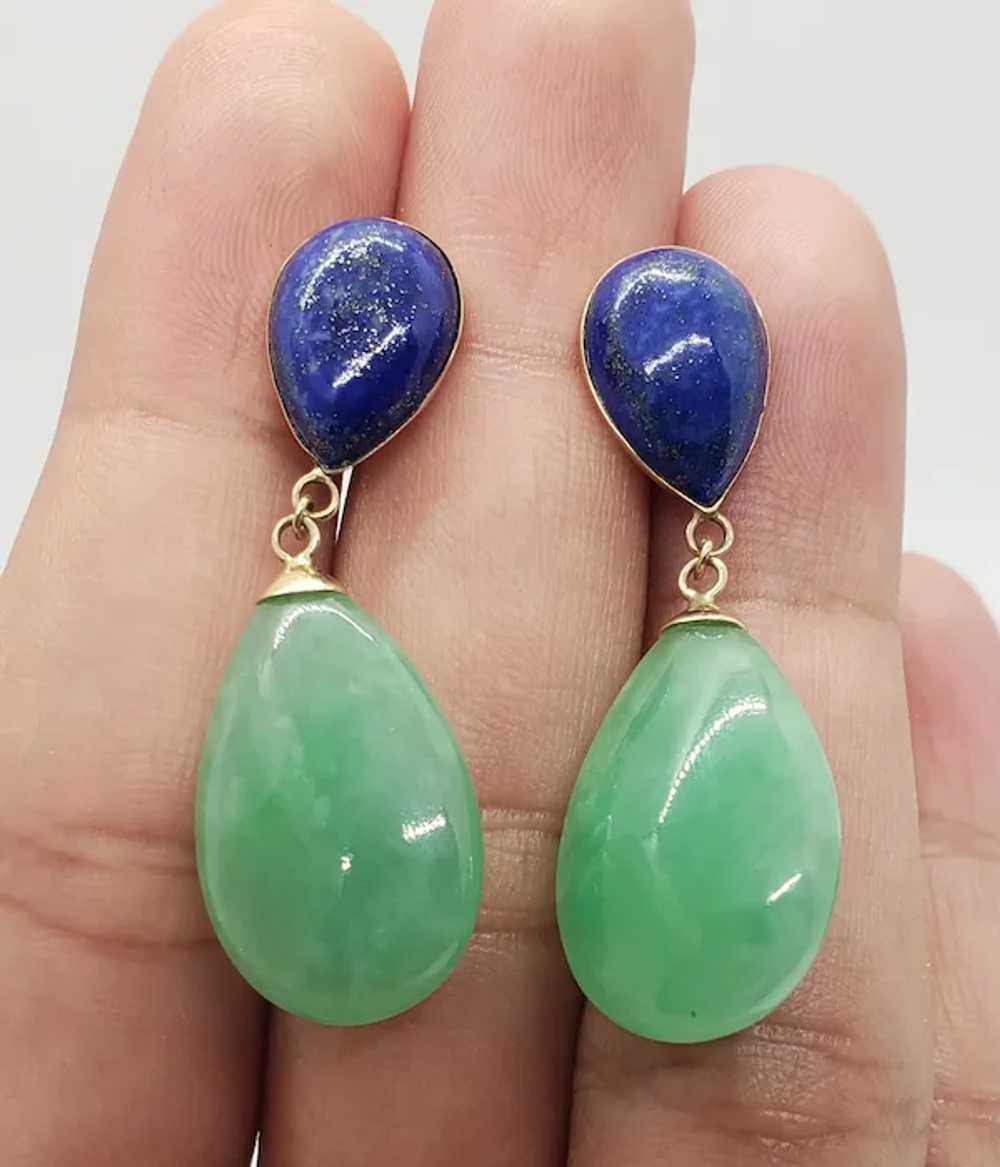 14K Jadeite Jade Lapis Lazuli Drop Earrings - image 2