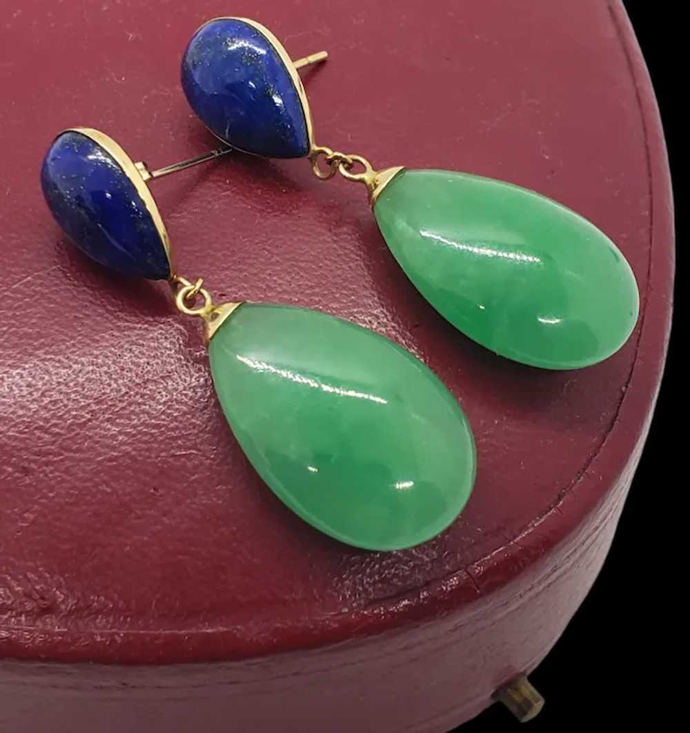 14K Jadeite Jade Lapis Lazuli Drop Earrings - image 3