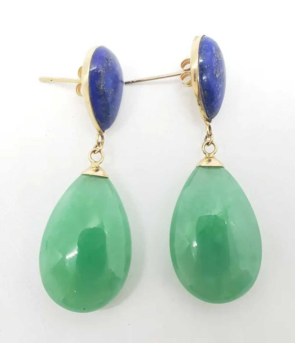 14K Jadeite Jade Lapis Lazuli Drop Earrings - image 5