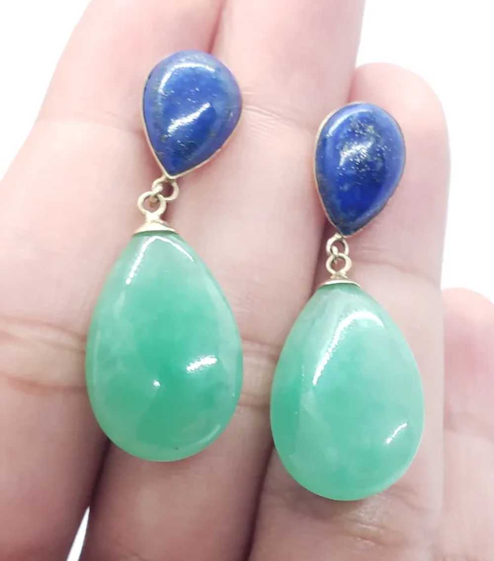 14K Jadeite Jade Lapis Lazuli Drop Earrings - image 7