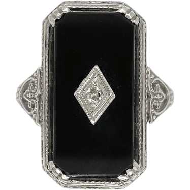 14K White Gold Filigree Black Onyx & Diamond Ring