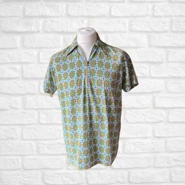 70s Cotton Geometric Print Shirt with Zip - Class… - image 1