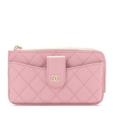 CHANEL Caviar Quilted Phone Holder Zip Clutch Pink