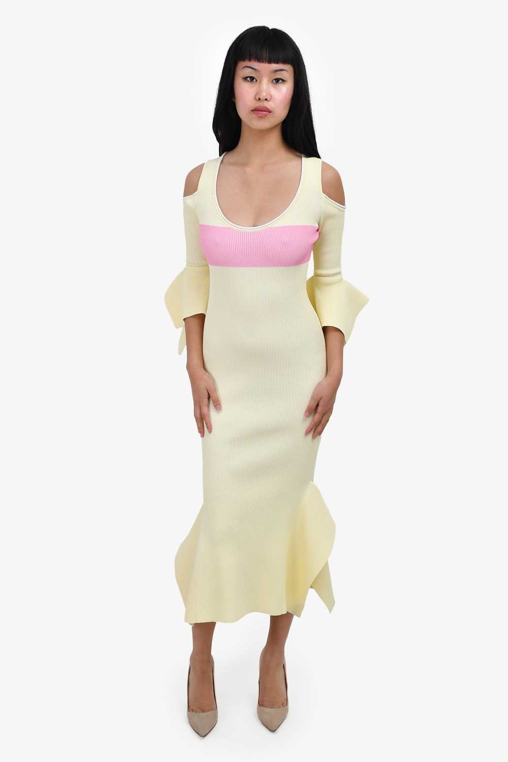 Roland Mouret Yellow/Pink Ribbed Draped Midi Dres… - image 1