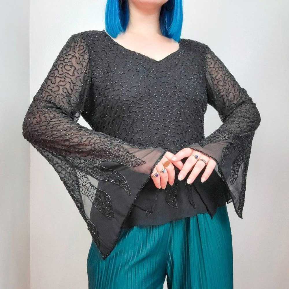 Vintage 90s/Y2K Black Beaded Bell Sleeve Blouse - image 2