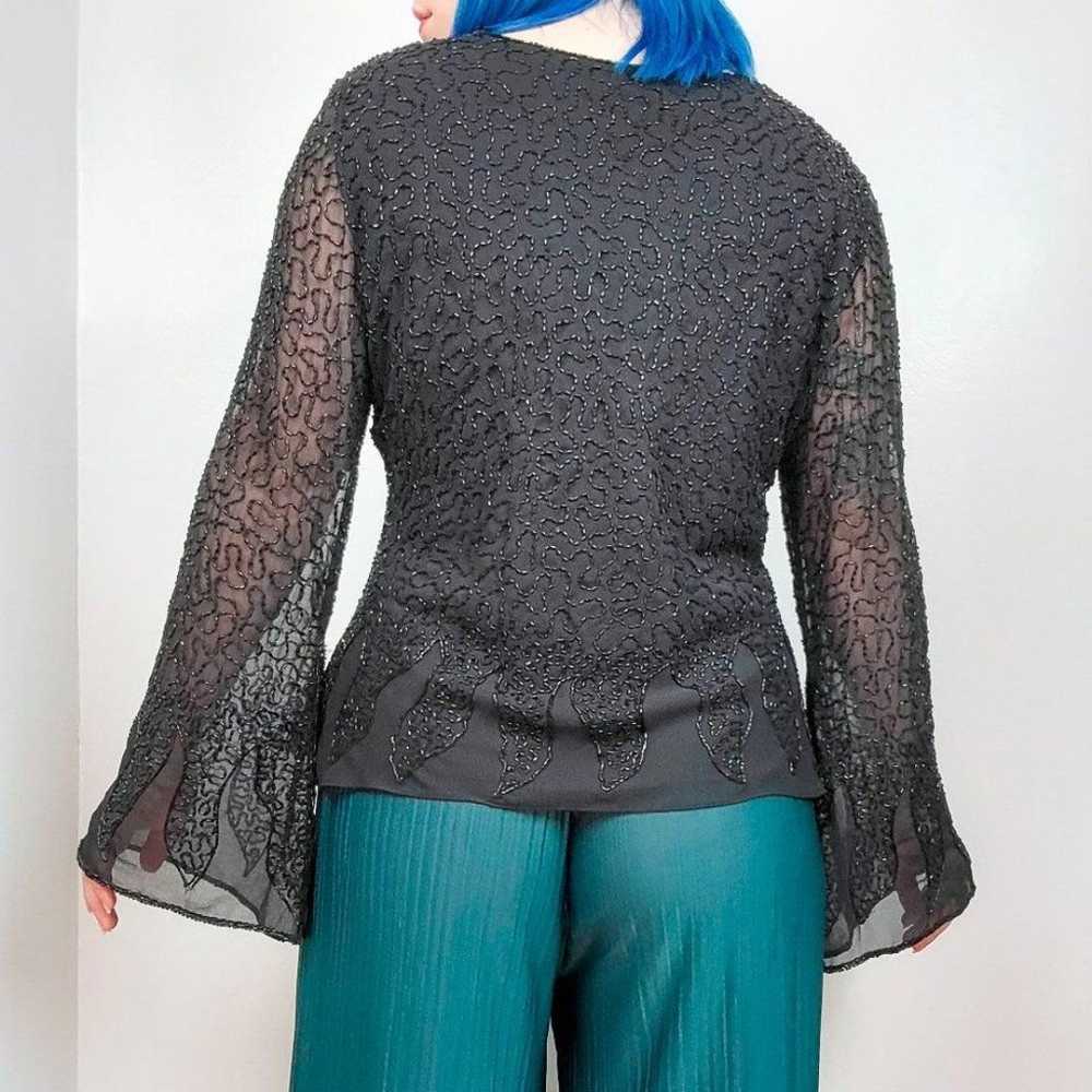 Vintage 90s/Y2K Black Beaded Bell Sleeve Blouse - image 4