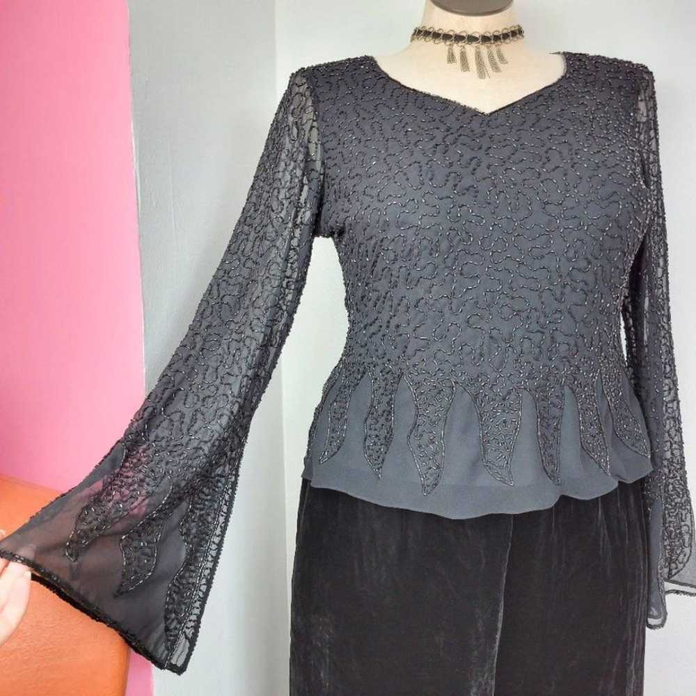 Vintage 90s/Y2K Black Beaded Bell Sleeve Blouse - image 6