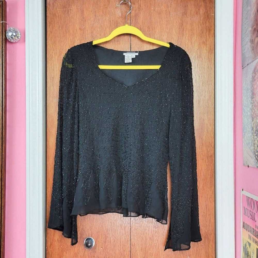 Vintage 90s/Y2K Black Beaded Bell Sleeve Blouse - image 7