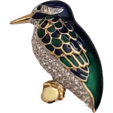 iG Brand Blue, Green Enamel Clear Rhinestone Bird… - image 1