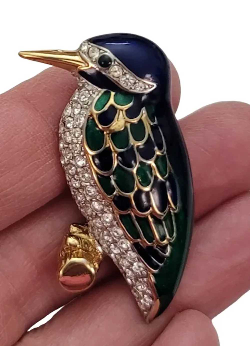 iG Brand Blue, Green Enamel Clear Rhinestone Bird… - image 2